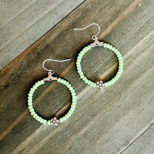 Spring Flower Earrings, Light Green Hoop Earrings, Spring Earrings, Spring Jewelry, Beaded Hoop Earrings With Flower, Earring Gift Shop,Boho
