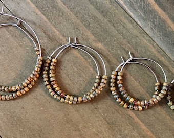 Handmade Brown Miyuki Seed Bead Hoop Earrings