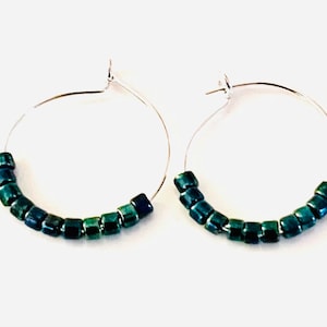Tiny Beaded Hoop Earrings, Dainty Blue Iris Seed Bead Hoops, Minimalist, Mini Hoop Earrings, Minimalist Jewelry, Gift For Her