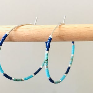 Medium Sized Hoop Earrings, Beaded Hoop Earrings, Dainty Hoop Earrings, Turquoise Hoop Earrings, Blue Earrings, Silver Hoops, Seed Beads