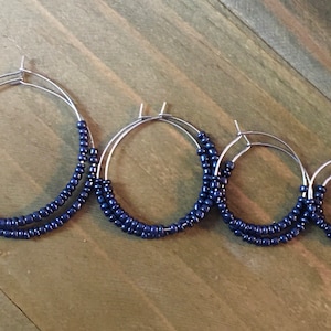 Beaded Hoop Earrings, Navy Hoop Earrings, Boho Hoop Earrings, Beaded Earrings, Blue Earrings, Navy Earrings, Hoop Earrings With Beads