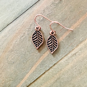 May include: A pair of small, copper-colored earrings with a leaf design. The leaves are black and have a detailed, textured pattern.