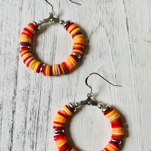Orange Heishi Bead Hoop Earrings With Silver Ear Wires, Heishi Bead Earrings, Beaded Hoop Earrings, Gift For Heishi Bead Lovers Red Earrings