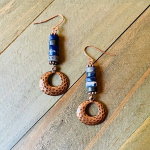 Copper and Sodalite Beaded Earrings, Dangling Gemstone and Copper Earrings, Stacked Heishi Sodalite Earrings, Blue Earrings, Gift Shop