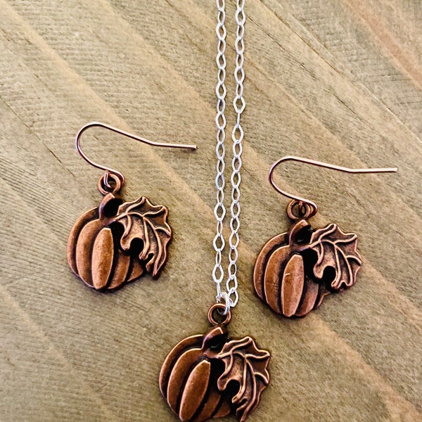 Copper Pumpkin Necklace And Earring Set, Sterling Silver Necklace Pumpkin Charm, Fall Jewelry Earring Set, Gift For Her, Boho Jewelry