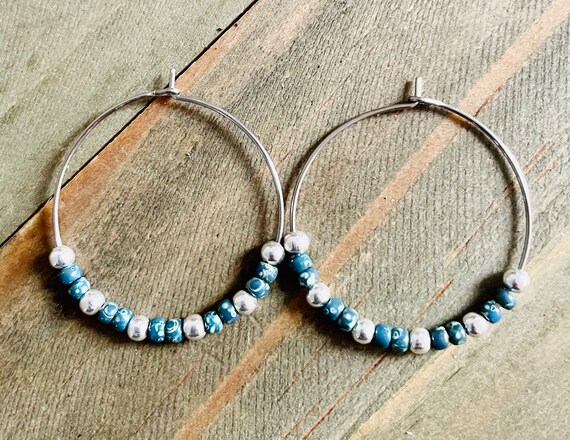 Medium Sized Beaded Hoop Earrings Seed Bead Hoops Blue Hoop