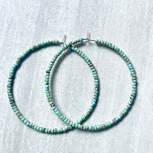 Large Turquoise Hoop Earrings, Beaded Hoop Earrings For Ladies, Picasso Bead Jewelry, Boho Hoops, Large Beachy Earrings