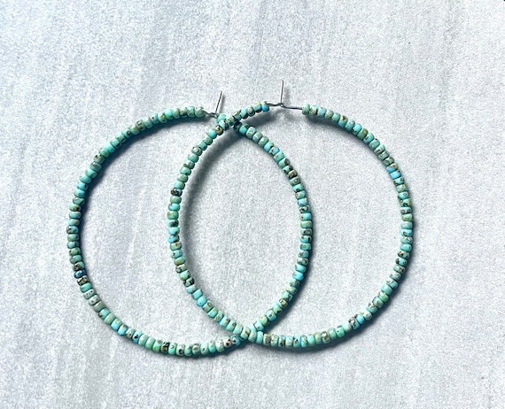 Large Turquoise Hoop Earrings, Beaded Hoop Earrings For Ladies, Picasso Bead Jewelry, Boho Hoops, Large Beachy Earrings