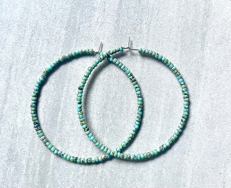 Large Turquoise Hoop Earrings, Beaded Hoop Earrings For Ladies, Picasso Bead Jewelry, Boho Hoops, Large Beachy Earrings image 1