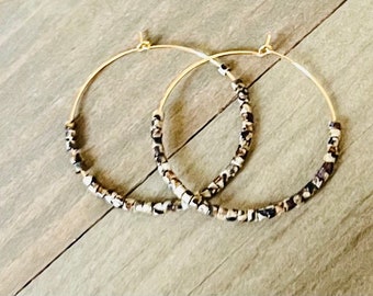 Gold Beaded Hoop Earrings, Delicate Fine Seed Beads, Tan Picasso Beads, Earring Gift Shop, Hoop Earrings, Dainty Gold Hoops,Minimalist Hoop