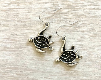 Dainty Silver Turtle Earrings, Silver Earrings, Small Silver Turtle Earrings, Antiqued Silver Jewelry, Earring Gift Shop