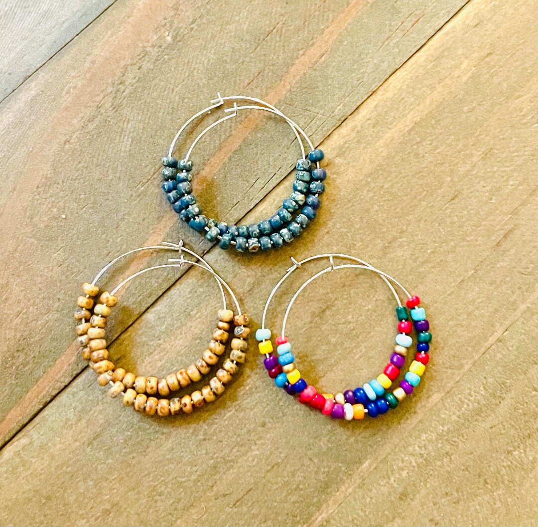 Small One Inch Seed Bead Hoop Earrings, Colorful Beaded Hoop Earrings