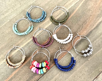 Seed Bead Hoop Earrings: Silver Tone Dainty Mini Hoops