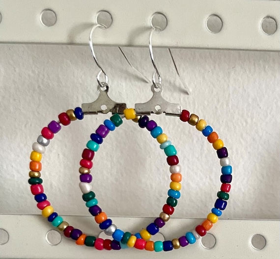 Beaded Hoop Earrings Rainbow Seed Bead Hoop Earrings Multicolored Jewelry For Her Boho Hoop Earrings Earring Gift Shop Medium Hoops Etsy