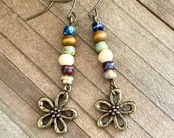 Antiqued Bronze Earrings, Stacked Picasso Seed Bead Earrings,Wood Beads, Cute Bronze Jewelry, Flower  Earrings, Earring Gift Shop For Her