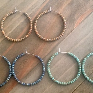 Picasso Seed Bead Hoops, Medium Sized Hoop Earrings, Seed Bead Earrings, Beaded Hoop Earrings, Colorful Hoop Earrings, Tan Hoops , Navy Hoop