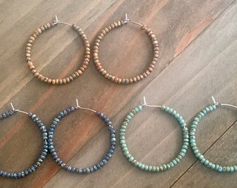 Picasso Seed Bead Hoops, Medium Sized Hoop Earrings, Seed Bead Earrings, Beaded Hoop Earrings, Colorful Hoop Earrings, Tan Hoops , Navy Hoop