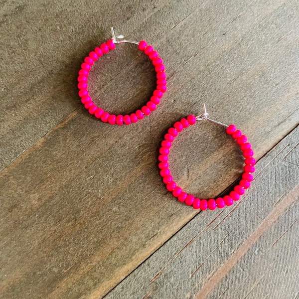 Beaded Hoop Earrings, Seed Bead Earrings, Pink Earrings, Small Hot Pink Hoop Earrings, Boho Hoop Earrings, Silver Beaded Hoops