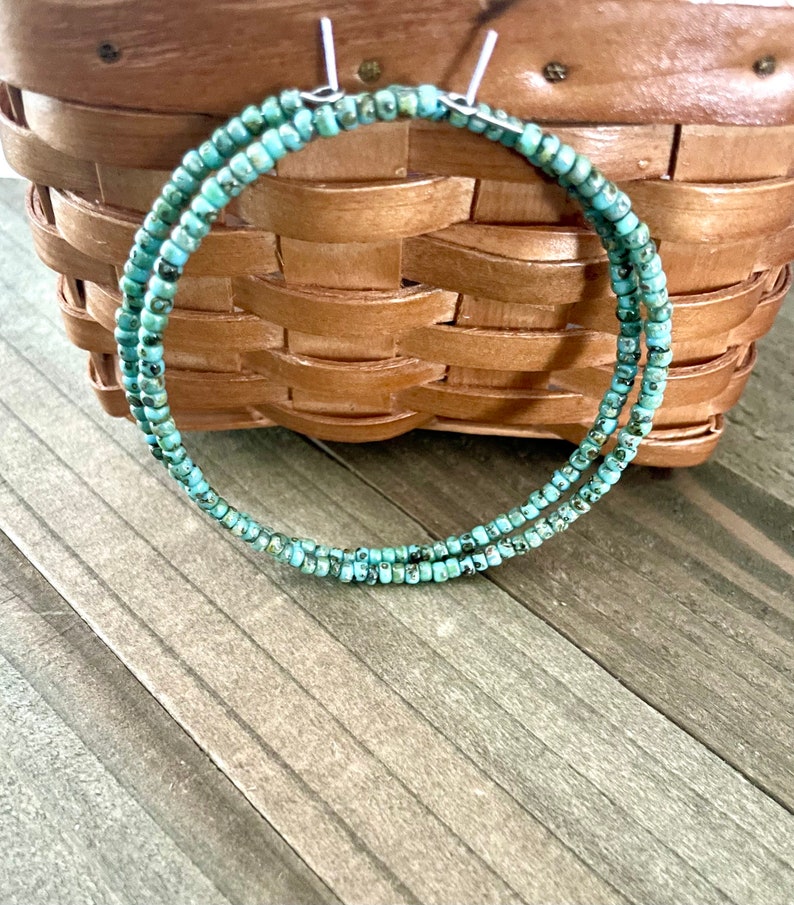 Large Turquoise Hoop Earrings, Beaded Hoop Earrings For Ladies, Picasso Bead Jewelry, Boho Hoops, Large Beachy Earrings image 5