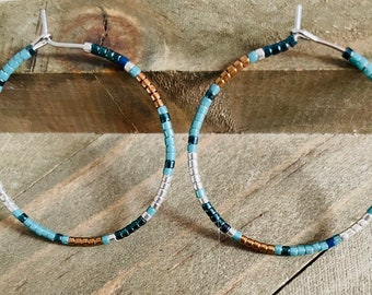 Blue Hoop Earrings, Miyuki Seed Bead Hoop Earrings, Blue Seed Bead Hoops, Medium Sized Hoops, Boho Hoops, Handmade Hoop Earrings, Gift Shop