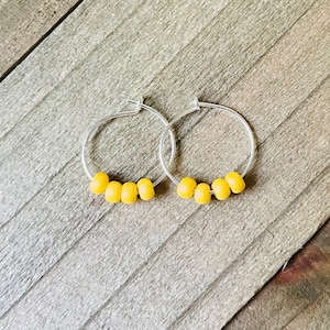 Tiny Beaded Hoop Earrings, Yellow Seed Bead Hoop Earrings, Sodalite Earrings, Blue Earrings, Minimal Hoop Earrings, Silver Hoops