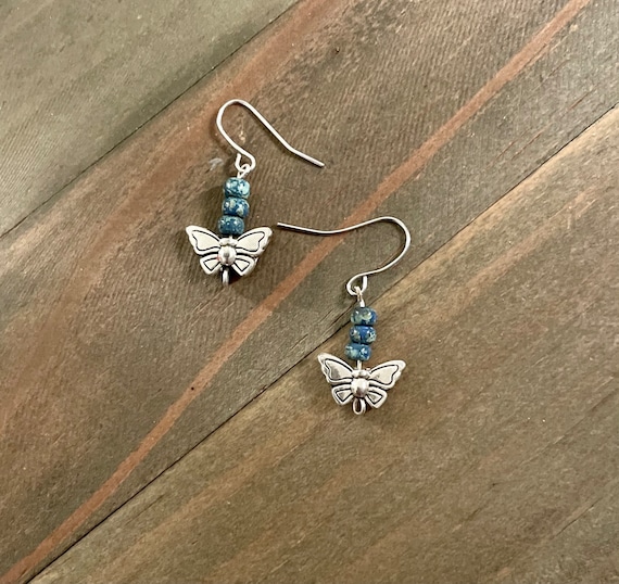 Dainty Boho Butterfly Earrings, Picasso Seed Bead Earrings Cobalt Blue Butterfly Earrings, Silver Minimalist Butterfly Earrings, Gift Shop