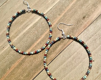 Large Beaded Hoop Earrings: Picasso Seed Beads, Boho Style