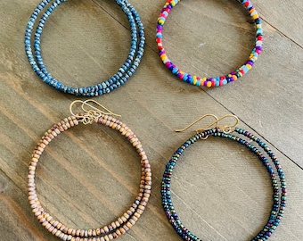 Large Beaded Hoop Earrings, Big Hoop Earrings, Seed Bead Jewelry, Boho Hoops, Beaded Hoop Earrings,Rainbow Hoop Earrings, Statement Earrings