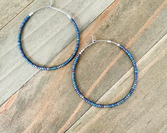 Large Seed Bead Hoop Earrings, Dark Rainbow Seed Bead Hoops, Beaded Hoop Earrings, Earring Gift Shop, Hoop Earrings With Beads, Big Hoops