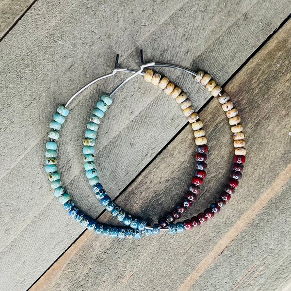 Picasso Beaded Hoop Earrings, Color Blocked Hoop Earrings, Beaded Hoop Earrings, Earring Gift Shop, Boho Hoop Earrings, Seed Bead Hoops