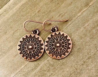 Copper Disc Earrings, Copper Medallion Earrings, Antiqued Copper Disc Earrings, Earring Gift Shop, Copper Jewelry, Bohemian Copper Earrings