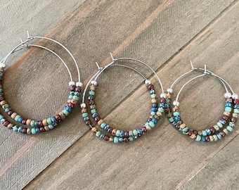 Picasso Bead Hoop Earrings: Colorful Stainless Steel Boho Hoops
