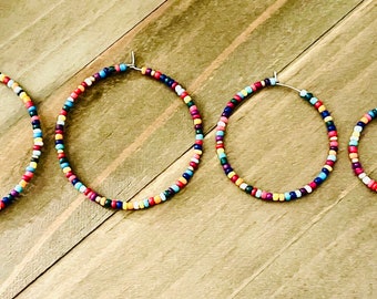 Large Seed Bead Hoop Earrings, Rainbow Seed Bead Hoops, Beaded Hoop Earrings, Earring Gift Shop, Hoop Earrings With Beads, Big Hoops