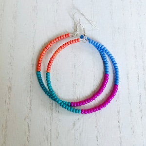 Large Color Blocked Pastel Seed Bead Hoop Earrings, Colorful Bead Hoop Earrings, Bead Hoops, Beaded Hoop Earrings, Bohemian Hoops