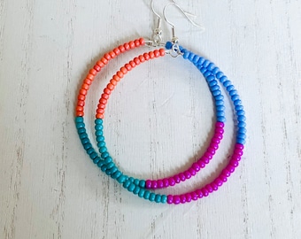 Large Color Blocked Pastel Seed Bead Hoop Earrings, Colorful Bead Hoop Earrings, Bead Hoops, Beaded Hoop Earrings, Bohemian Hoops