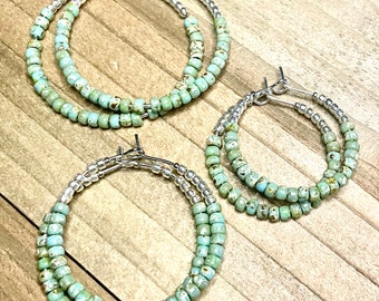 Turquoise Miyuki Seed Bead Hoop Earrings: Dainty Silver Plated Wire