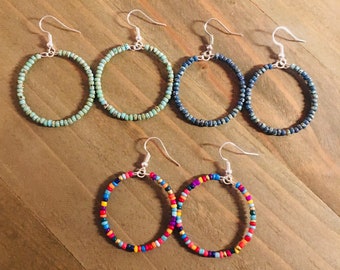 Seed Bead Hoop Earrings: Silver Plated Wires, 1.5 inch