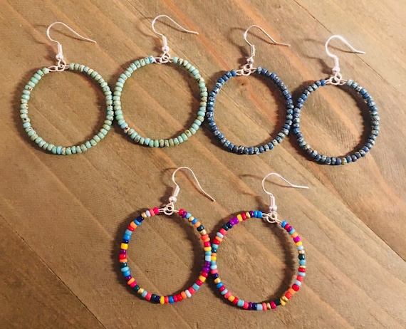 Seed Bead Hoop Earrings: Silver Plated Wires, 1.5 inch