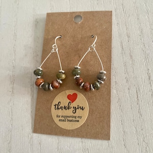 Jasper Beaded Hoop Earrings: Small Teardrop Dangle Hoops