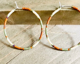 Miyuki Seed Bead Hoop Earrings: Handmade Dainty Green Hoops (30 mm)