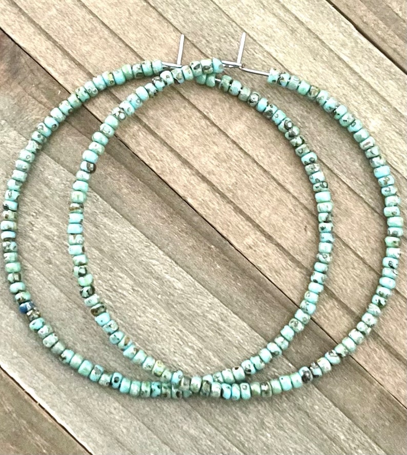 Large Turquoise Hoop Earrings, Beaded Hoop Earrings For Ladies, Picasso Bead Jewelry, Boho Hoops, Large Beachy Earrings image 2