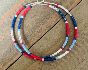 Sterling Silver Fine Seed Bead Hoop Earrings, Blue Red Silver Miyuki Seed Bead Hoops, Medium Sized Hoops, Boho Hoops,Handmade Hoop Earrings