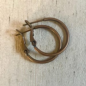 May include: A pair of small, bronze-colored hoop earrings. The earrings are circular with a simple clasp closure. The metal has a slightly aged appearance, suggesting a vintage or antique style. The hoops are approximately 1 inch in diameter.