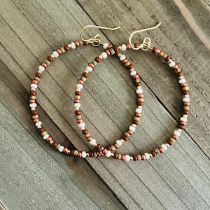 Large Hoop Earrings, Seed Bead Earrings, Boho Hoop Earrings, Beaded Hoop Earrings, Brown And Tan Gold Hoop Earrings, Handmade Jewelry, Gift