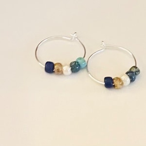 Tiny Beaded Hoop Earrings, Dainty Neutral And Blue Seed Bead Hoops, Minimalist, Mini Hoop Earrings, Minimalist Jewelry, Gift For Her