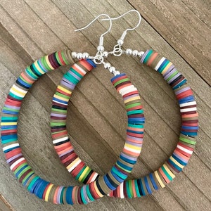Large Heishi Bead Hoop Earrings, Multicolored Hoop Earrings, Beaded Hoops For Her, Earring Gift Shop, Heishi Bead Jewelry