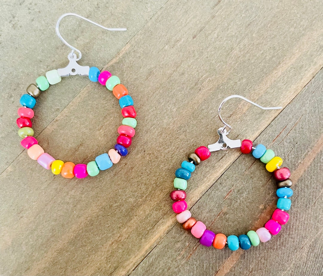 Dangling Beaded Hoop Earrings, Large Seed Bead Hoop Earrings