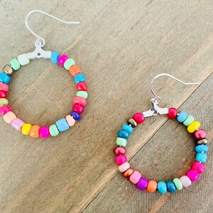 Dangling Beaded Hoop Earrings, Large Seed Bead Hoop Earrings, Multicolored Boho Hoop Earrings, Beaded Hoop Earrings, Rainbow Hoop Earrings