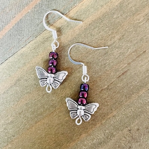 May include: A pair of silver butterfly earrings with purple and pink iridescent beads hanging from the bottom.