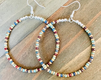 Large Tan Picasso Bead  Hoop Earrings, Multicolored Beaded Hoop Earrings, Bead Hoops, Beaded Hoop Earrings, Big Hoop Earrings, Bohemian